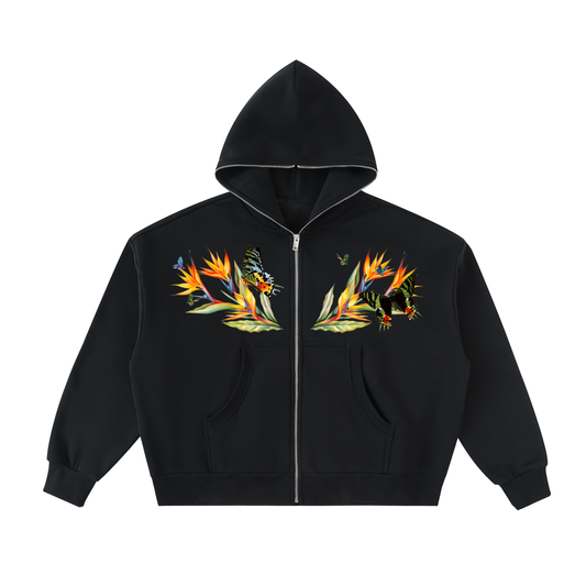 Die in Paradise Fleeced Full-Zip Boxy Hoodie - Black