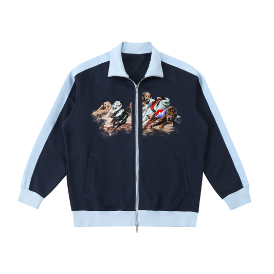 Greyhound Racing Team Contrast Trim Stand Collar Jacket -Navy & Sky Blue
