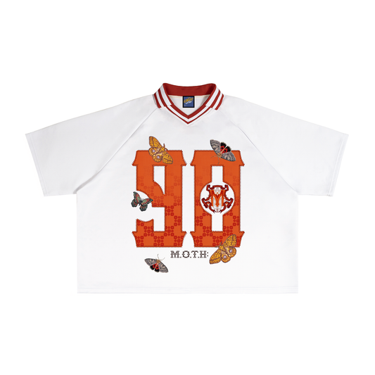 90s Est. Contrast Lapel Collar Boxy T-Shirt - White