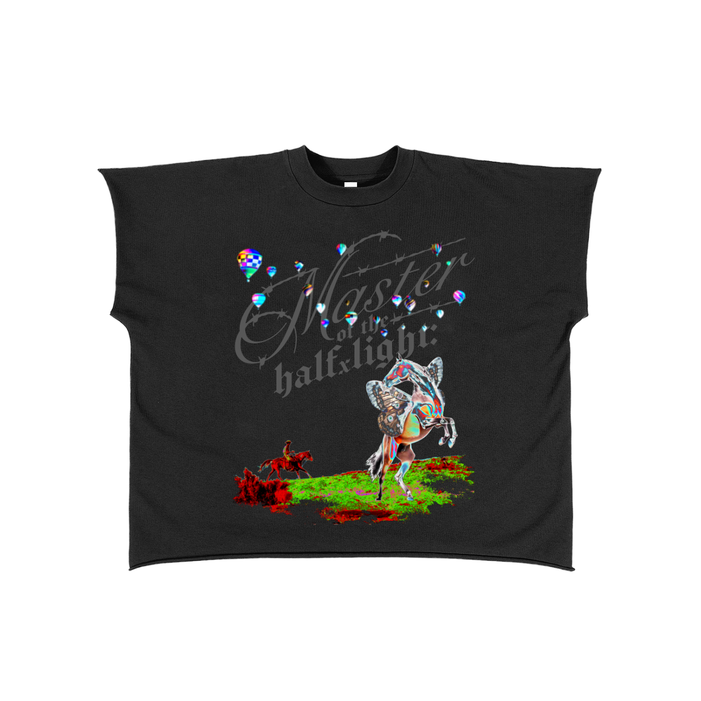 Chrome Horse Raw Edge Boxy Non-Shrink T-Shirt - Black