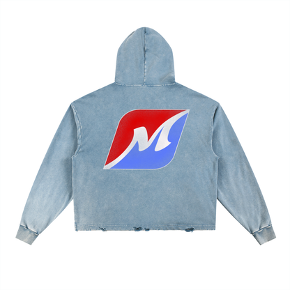 Greyhound Racing Team Vintage Washed Frayed-Hem Hoodie - Denim Blue