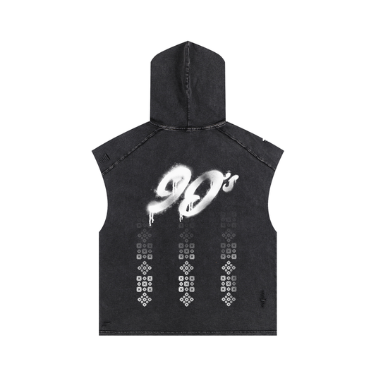 Taped it Snow Washed Boxy Hooded Tank Top - Black